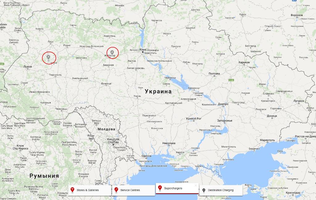 Месторасположение заправок Tesla Supercharger в Украине