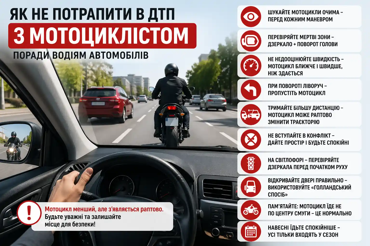 Як не потрапити в ДТП з мотоциклістом: 10 правил для водіїв авто